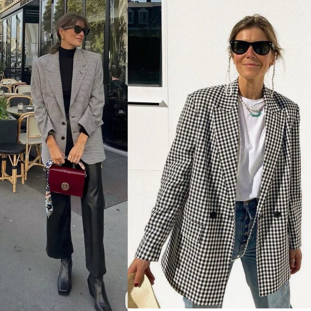 Zara Blazer Black and White Gingham Straight Cut Blazer - Picture 3 of 10